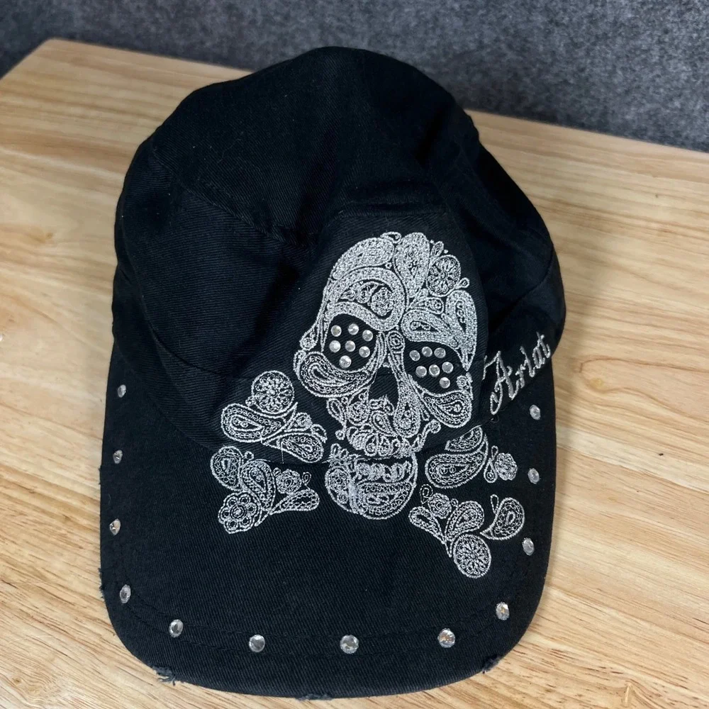 Ariat Black Cotton Cadet Hat Silver Embroidered Sugar Skull Rhinestone Distress